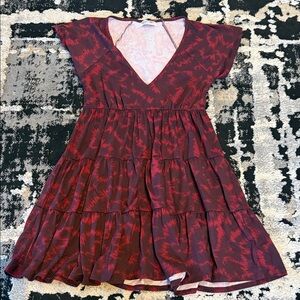 UO Burgundy Red Printed Tiered V-Neck Dress